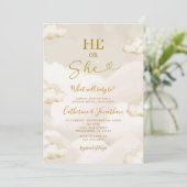 He Or She Boho Beige Clouds Gold Gender Reveal Einladung (Stehend Vorderseite)