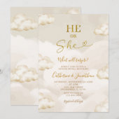 He Or She Boho Beige Clouds Gold Gender Reveal Einladung (Vorne/Hinten)