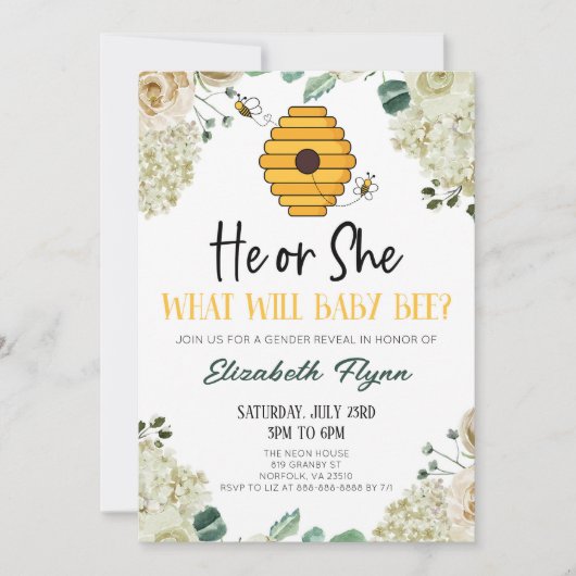 He or She Bumble Bee Floral Flowers Gender Reveal Einladung (Vorderseite)