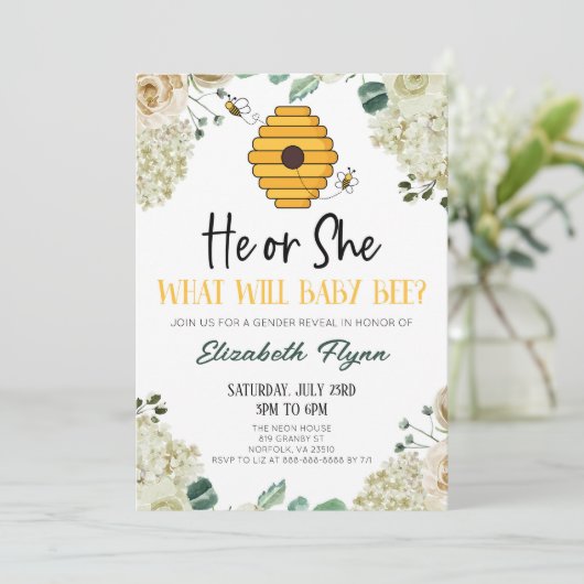 He or She Bumble Bee Floral Flowers Gender Reveal Einladung (Stehend Vorderseite)