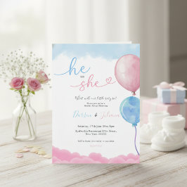 He or She Cute Pink & Blue Balloons Gender Reveal Einladung