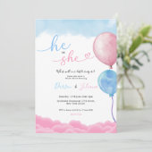 He or She Cute Pink & Blue Balloons Gender Reveal Einladung (Stehend Vorderseite)