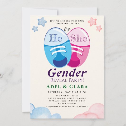 He or She Gender Reveal Invitation Einladung (Vorderseite)