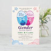 He or She Gender Reveal Invitation Einladung (Stehend Vorderseite)