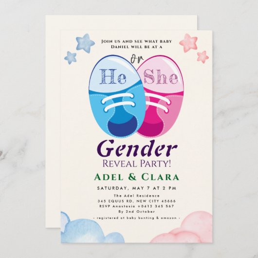 He or She Gender Reveal Invitation Einladung (Vorne/Hinten)