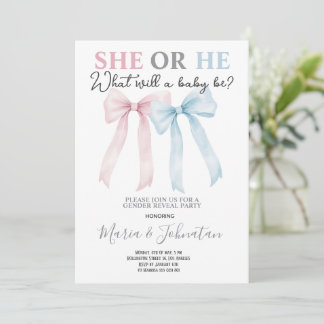 He or She Pink Blue Bow Baby Gender Reveal Einladung