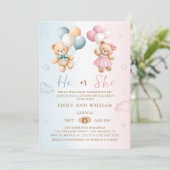 He or She Teddy Bear Gender Reveal Invitation Einladung (Stehend Vorderseite)