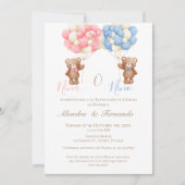 He or She Teddy Bear with Balloons Gender Reveal I Einladung (Vorderseite)