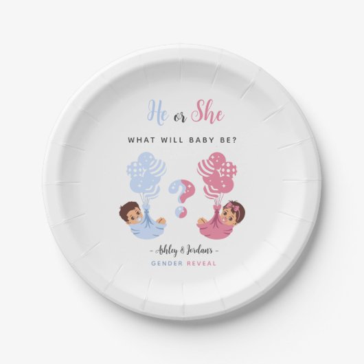 He or She Twins Balloon Gender Reveal Pappteller (Vorderseite)