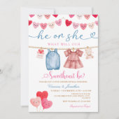 He or She Valentine Gender Reveal Clothesline  Einladung (Vorderseite)