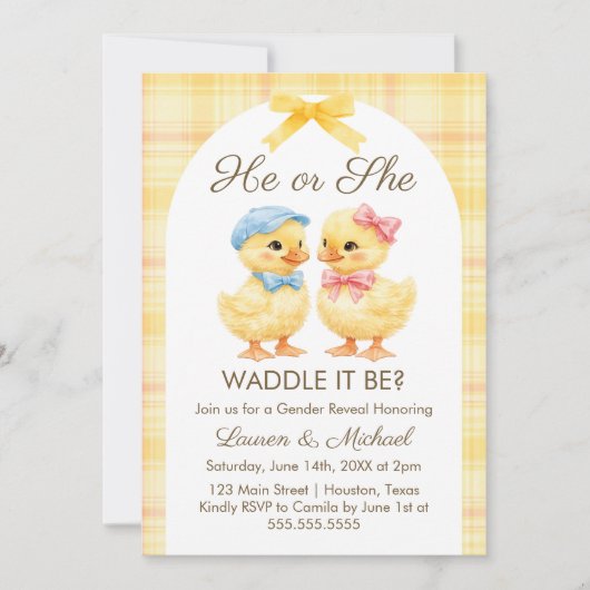 He or She WADDLE IT BE? Gender Reveal Invitation Einladung (Vorderseite)