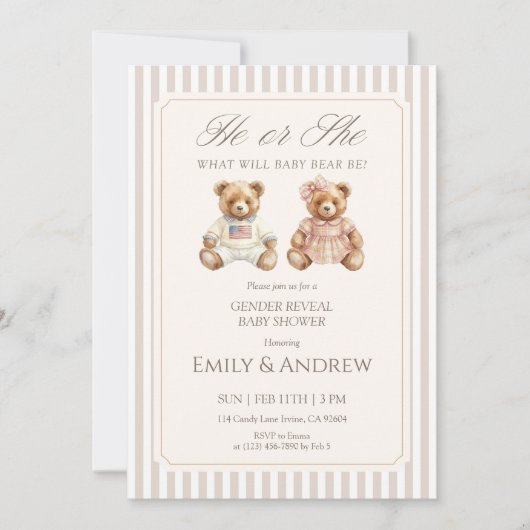 He or She What Will Baby Bear Be Gender Reveal Einladung (Vorderseite)