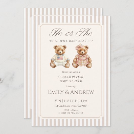 He or She What Will Baby Bear Be Gender Reveal Einladung (Vorne/Hinten)