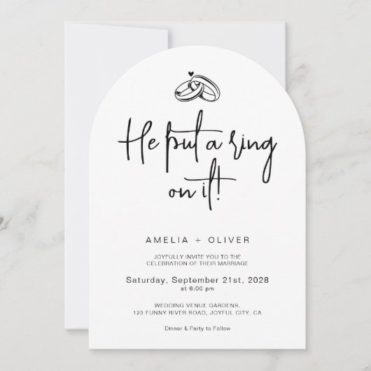 He Put a Ring on It Joyful Modern Wedding Einladung (Vorderseite)