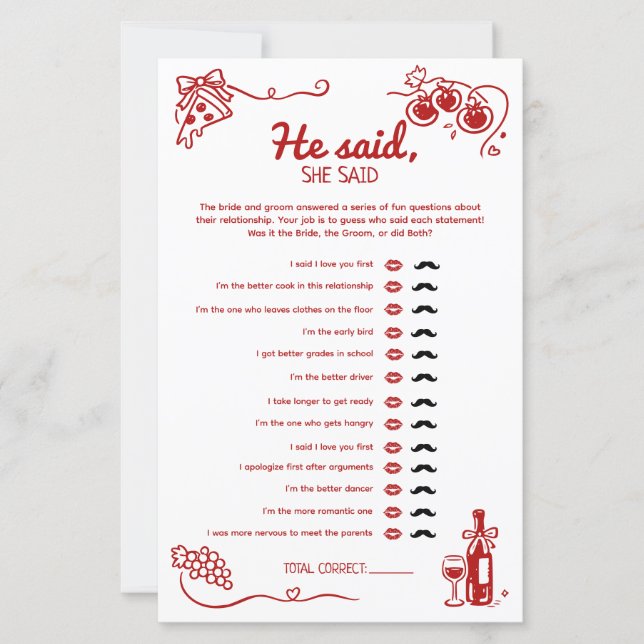 He Said She Said Amore Wedding Party Activity Card (Vorderseite)