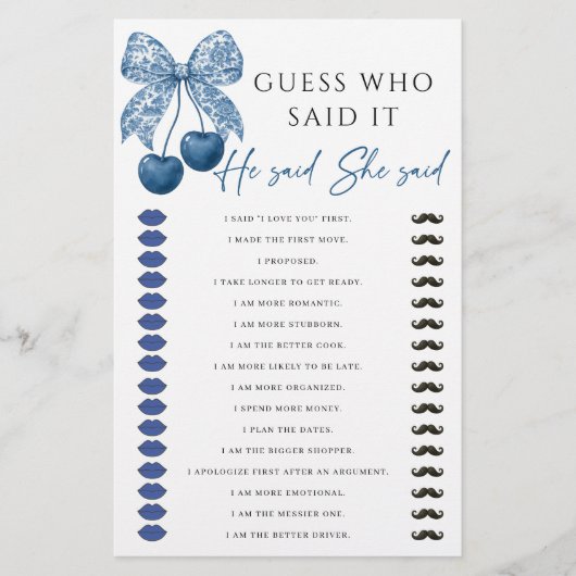 He said She said Blue Bow Bridal Shower Game (Vorderseite)