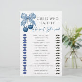 He said She said Blue Bow Bridal Shower Game (Stehend Vorderseite)