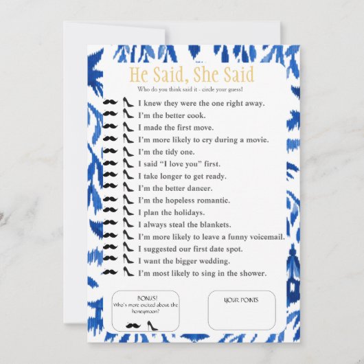 He Said, She Said Bridal shower  Blue Game Einladung (Vorderseite)