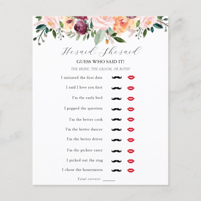 He Said, She Said Bridal Shower Game (Vorderseite)