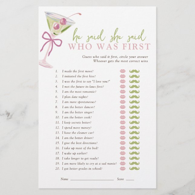 He Said She Said Chic Martini Bridal Game (Vorderseite)