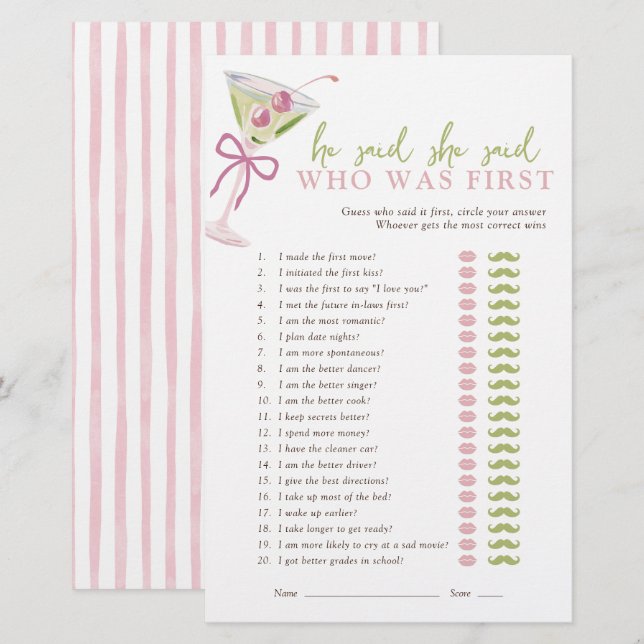 He Said She Said Chic Martini Bridal Game (Vorne/Hinten)