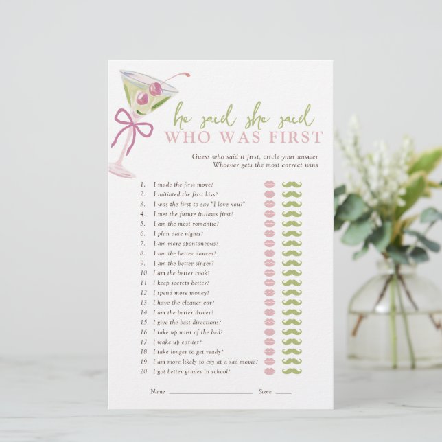 He Said She Said Chic Martini Bridal Game (Stehend Vorderseite)