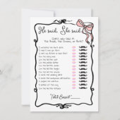 He said She said Hand Drawn Bow Bridal Shower game Einladung (Vorderseite)