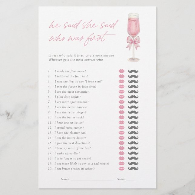 He Said She Said Pink Champagne Bow Bridal Game (Vorderseite)