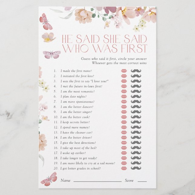 He Said She Said Pink Floral Bridal Shower Game (Vorderseite)