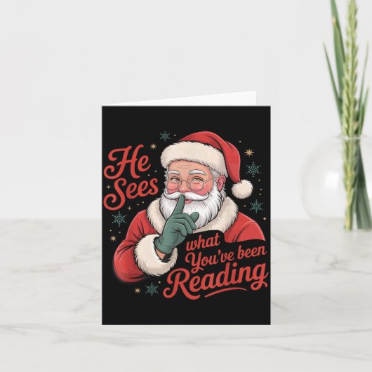 He Sees What You've Been Reading, Retro Santa Chri Karte (Vorderseite)