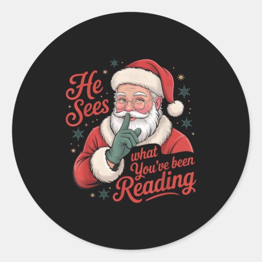 He Sees What You've Been Reading, Retro Santa Chri Runder Aufkleber (Vorderseite)