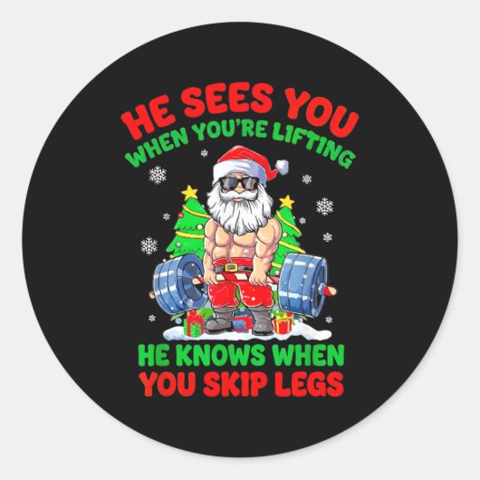 He Sees You When You're Lifting Skip Legs Santa Ch Runder Aufkleber (Vorderseite)