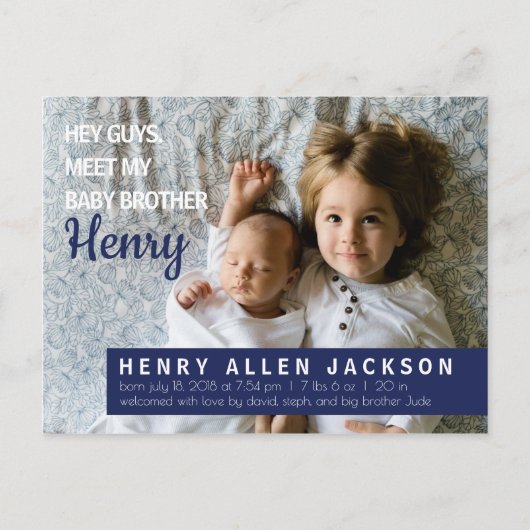 He Typ Birth Announcement Big Brother Sister Einladungspostkarte (Vorderseite)