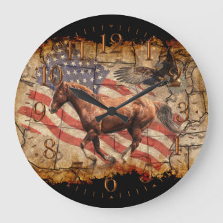 "Heading West" Horse, Eagle and US Flag Große Wanduhr