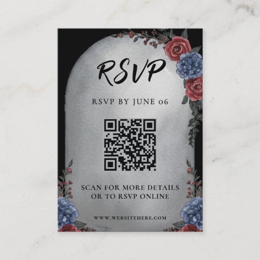 Headstone Floral Gothic Wedding QR Code RSVP Begleitkarte (Vorderseite)