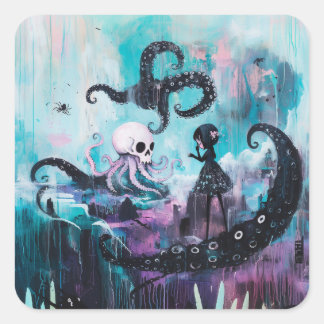 Healer Octopus Magical Hexchy Goth AI Art Quadratischer Aufkleber