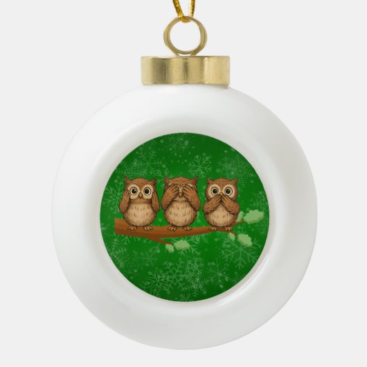 Hear, See, and Speak No Evil Owls Keramik Kugel-Ornament (Vorderseite)