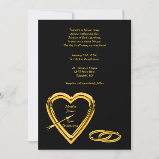 Heart and Rings in Gold auf Black Modern Wedding Einladung (Vorderseite)