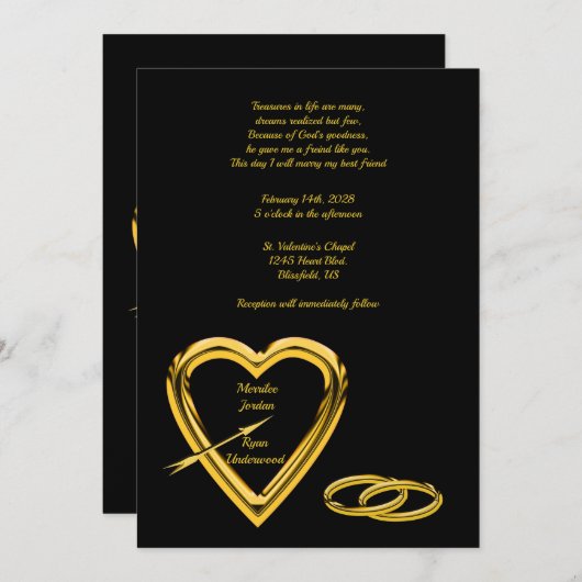 Heart and Rings in Gold auf Black Modern Wedding Einladung (Vorne/Hinten)