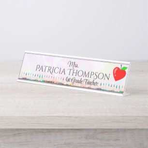 Heart Apple Crayon School Teacher Educator Schreibtischnamensplakette