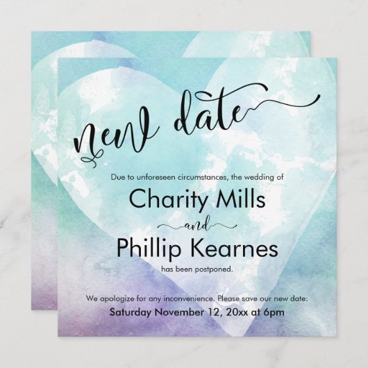 Heart Aqua Lila Zurückgestellt Hochzeit Neue Datum (Vorne/Hinten)