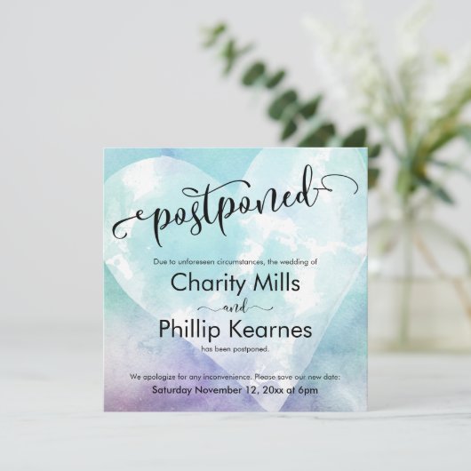 Heart Aqua Lila Zurückgestellt Hochzeitsankündigun (Stehend Vorderseite)