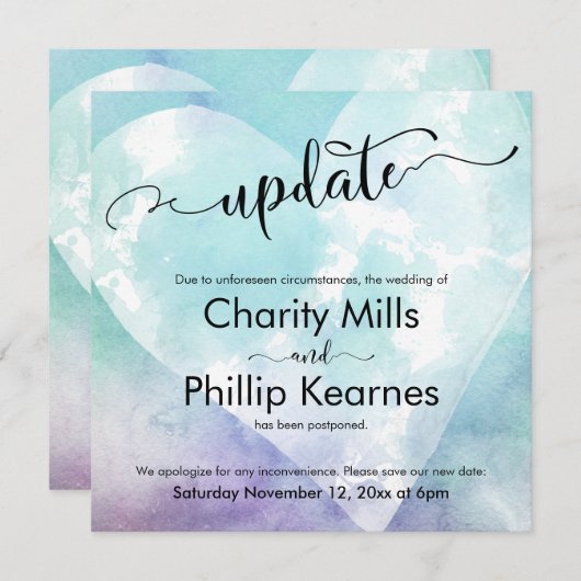 Heart Aqua Lila Zurückgestellt Hochzeitskarte (Vorne/Hinten)