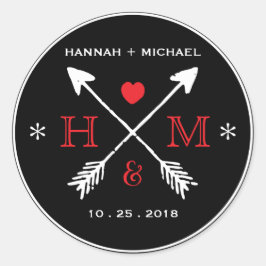 Heart Arrow Monogram-Hochzeitsticker für rustikale Runder Aufkleber