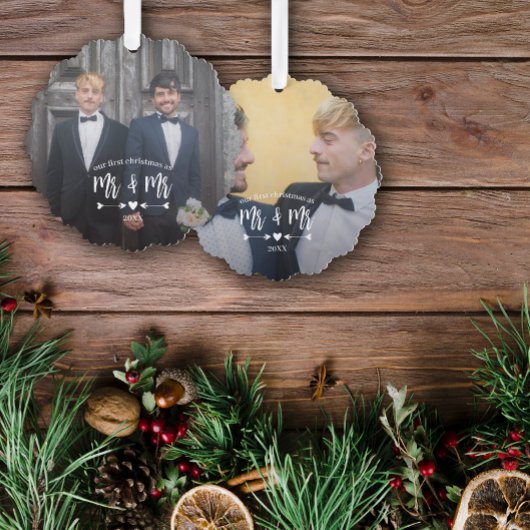 Heart Arrows First Christmas Mr. & Mr. Foto Ornament Karte