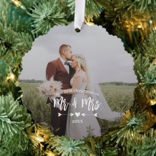 Heart Arrows First Christmas Mr. Mrs. Foto Ornament Karte
