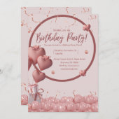 Heart Balloon Confetti Girl Birthday Einladung (Vorne/Hinten)