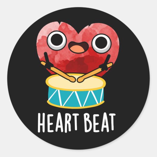Heart Beat Funny Heart Drummer Pun Dark BG Runder Aufkleber (Vorderseite)