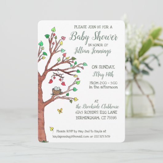 Heart Blätter Mobile Bird Nest Baby Shower Einladung (Stehend Vorderseite)