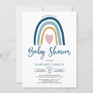 Heart Blue Mute Tones Boho Rainbow Baby Showroom Einladung